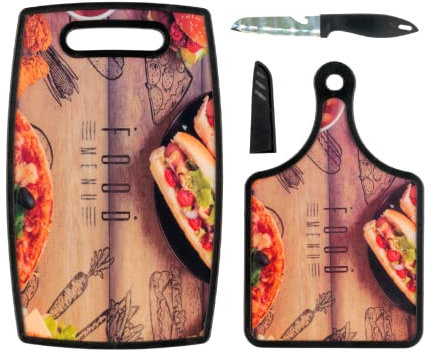 Juego de 3 tablas de cortar con cuchillo, pizza, diseño 4