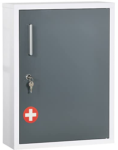 kleankin Armadietto Medicinali a Parete con 2 Ripiani e 2 Chiavi di Sicurezza, Porta Medicine da Casa in Acciaio, 40x15x53.5 cm, Bianco e Grigio