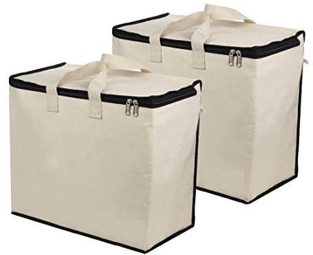 Nobel Canvas Reinforced Cotton Handles with Multipurpose Clothes Storage Organizer for Grocery, shopping, Laundry and Covers Zip Bags - PACK OF 2 (Cream with Black Edges)