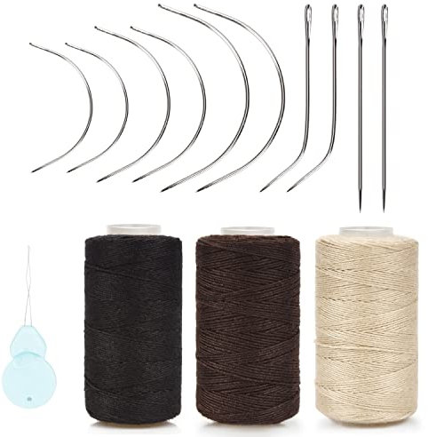 XCZYN aiguille et fil ensemble outils professionnels d’extension de cheveux 10Pcs aiguille incurvée avec 3Pcs fils Beige brun noir pour faire perruque bricolage couture à la main tissage de cheveux