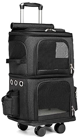 Chariot de voyage pour animal domestique avec 2 compartiments – Sac de transport à roulettes et poignée télescopique – Sac de transport souple pour petits chiens/chats/lapins – Design pratique et