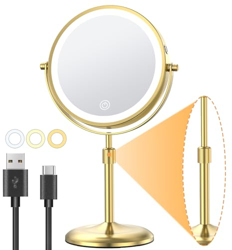 Gospire 7 Lighted Makeup Mirror with Magnification 10X/1X, Height Adjustable & 3 Color Dimmable Lights, 360° Swivel Double Sided Light up Rechargeable LED Cosmetic Vanity Cordless Standing Mirror