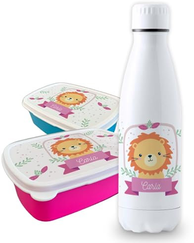 CUAC REVOLUTION Pack vuelta al cole diseño leon botella personalizada + fiambrera personalizada con texto para el colegio o guardería. Libre BPA y reutilizable | Bebidas frías y calientes hasta 12h