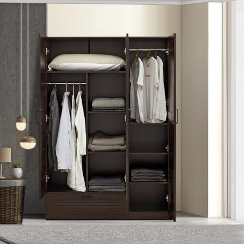 [en.casa] Armadio Guardaroba per Camera da Letto Armadio Chiuso con Ante a Persiana Scomparti Cassetto Aste Appendiabiti 176 x 120 x 52 cm MDF Effetto Noce Scuro