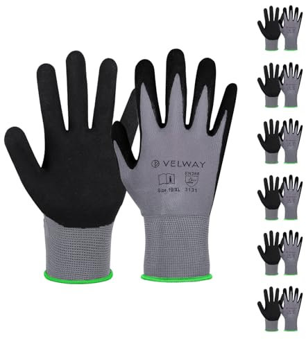 Velway 6 Paar Arbeitshandschuhe Mechaniker Handschuhe Männer - Größe 8 Nylon Nitrilbeschichtet Gartenhandschuhe Frauen - Rutschfeste Bauhandschuhe Leichte Atmungsaktive EN388 Handschuhe - Grau