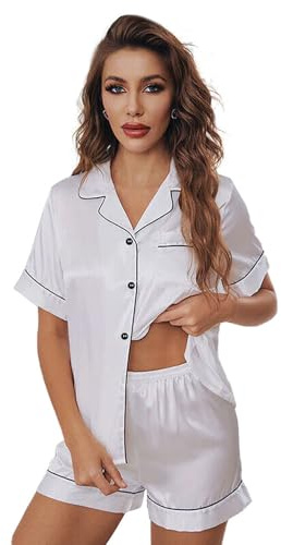 Candid Styles Womens Short Pajamas Set, Ladies Sleepwear Nightwear Pyjamas Sets, Short Sleeve Button Down Shirt With Pj 2 Piece Co-Ord Set For Women’s Summer Loungewear (White, 12-14)
