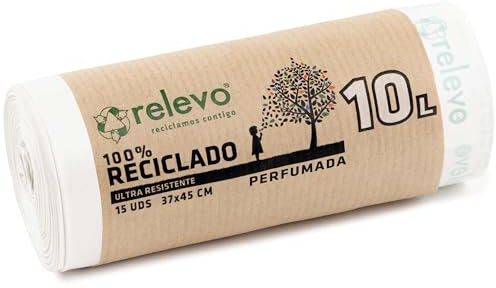 Relevo Sacchi Spazzatura con Laccetti, Profumati 100% riciclati, 10 litri, 15 unità