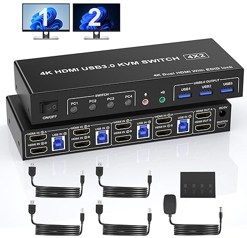4K@60Hz Dual Monitor HDMI KVM Switch 4 PC, Unterstützt EDID, USB 3.0 KVM Switches HDMI für 4 Computers 2 Monitore mit Audio Mikrofon und 3 USB 3.0 Ports, Inklusive DC Adapter und 4 USB3.0-Kabel