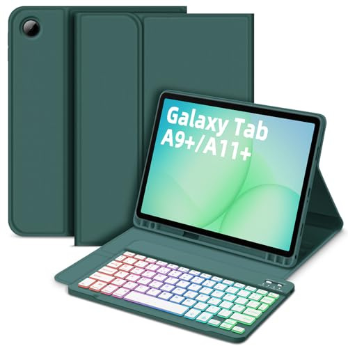 Bettdow für Samsung Galaxy Tab A11+/A9+ 11 Tastatur Hülle, Deutsch QWERTZ Layout Abnehmbarer Beleuchtete Tastatur, Hülle mit Stifthalter für Galaxy Tab A11 Plus 2025/A9 Plus 2023 11 Zoll, Dunkelgrün
