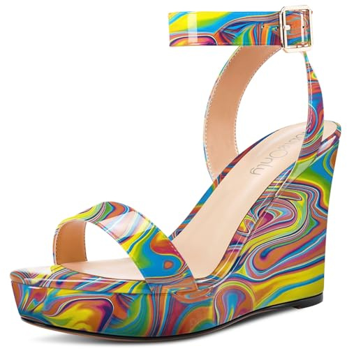 NobleOnly Donna Aperte sulla Punta Alto High Zeppa Tacco Heel Piattaforma Cinturino alla Caviglia Sandali Fibbia Dress Ballo Scarpe 10 CM Heels Graffiti colorati 41 EU