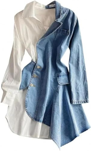 Vagbalena Abito da Donna a Maniche Lunghe con Patchwork di Jeans Irregolare Primaverile, Camicia Sexy Personalizzata