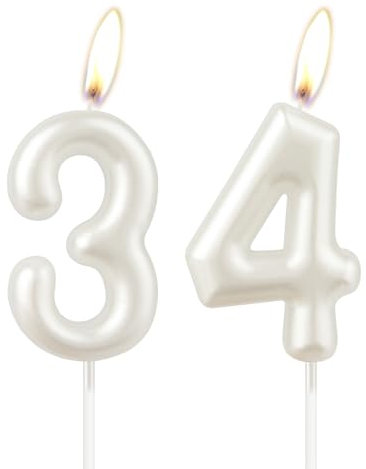 Candela di compleanno bianco perla, numero 34 Happy Birthday, decorazione per torta per ragazze, commemorazione anniversario di matrimonio