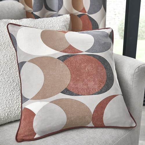 Dreams & Drapes Fusion - Spice Orange Retro Vector Circle Cushion (43 x 43cm) - 100% Cotton - Filling Included - Grey Piped Edge - Circle Geometric Cushion with Insert - Matching Curtains Available
