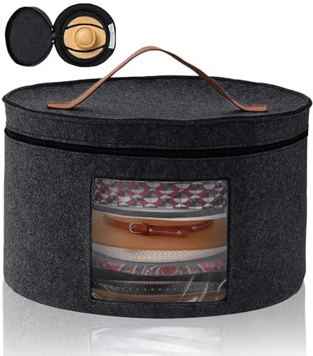 Hutschachtel Rund- Foldable Hat Storage Boxes Fabric with Lid und Zip, Leather Handle, Transparent Window, Hutschachtel- 42 x 25 cm (Dark Gray)