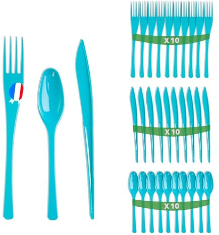 Set 30 couverts turquoise - Fabriquée en France - Ménagère bleue de 10 fourchettes, 10 couteaux, 10 cuillères - Réutilisables et recyclables - Passe au lave vaisselle - Table'Colors