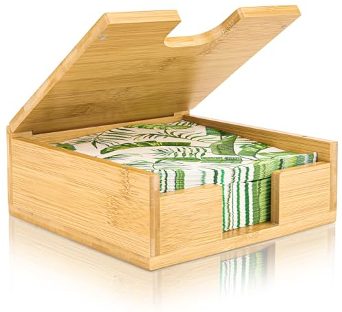 MOLEDINO Serviettenhalter aus Bambus mit Deckel für 33 x 33 cm Servietten | Flacher Serviettenhalter Holz, Tisch Serviettenständer, für Outdoor, Küche, Cocktail, Restaurant
