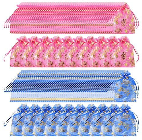 YSJCHEBS 60 sacchetti in organza, sacchetti in rete di garza, piccoli sacchetti regalo con coulisse, sacchetti regalo con motivo rosa, sacchetti di gioielli in rete con coulisse, caramelle (9 x 12 cm)