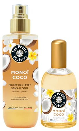 Les Petits Plaisirs - Lot Brume parfumée Monoï Coco pailletée + Eau de toilette Monoï Coco, Made in France, Brume 200ml, Eau de toilette 110ml