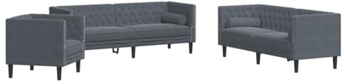 Generisch Kangmusi 3-TLG. Chesterfield-Sofa-Set mit Nackenrollen Dunkelgrau Samt, Grau 3209282