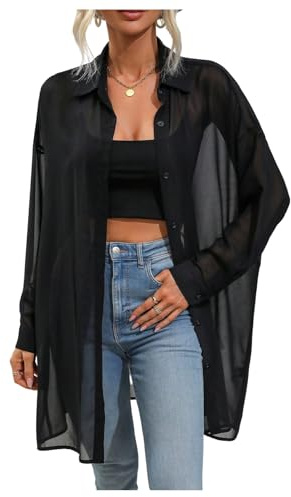 GORGLITTER Women's Sheer Mesh Tunic Blouses Long Sleeve Collared Button Down Shirts Loose Casual Tops