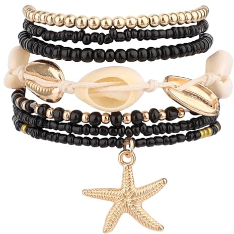 Mikovivi 7pcs Bracelet Coquillage pour Femmes, Empilables Élastiques Bracelets de Surfeur Coquillages et d'Étoiles de Mer Ensemble Bijoux Surfeur en Perles Mode les Fêtes Bord Mer