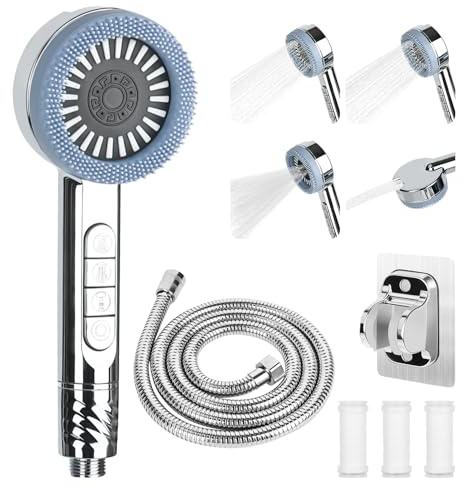 Trendecor High Pressure Shower Head, 4 Mode Filter Shower Head with 1.5m Shower Hose Water Filte and Shower Stand Showerhead with ON/Off Switch for Personal Showers Bathtub Cleaning and Pets
