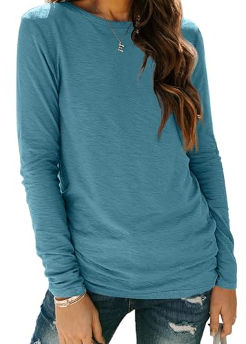 Cuptacc Long Sleeve T Shirts Women Crew Neck Casual Elegant Turquoise M