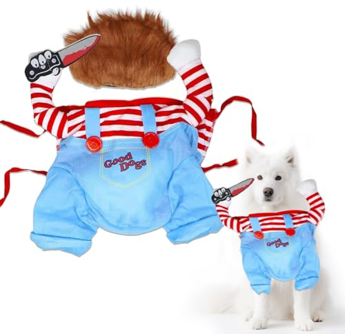 Rolig Chucky hundkläder, hundkostym Hhalloween halloween hundkostym peruk och kniv husdjurskläder hund skrämmande kostym för halloween husdjur cosplay fest