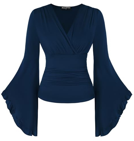 Renaissance Blouses for Women Long Bell Sleeves V Neck Wrap Ruched Tops Navy Blue XL