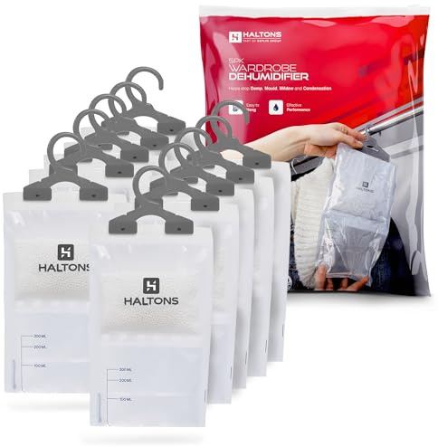 Haltons Deshumidificador de armario, 10 unidades, absorbente de humedad colgante, evita la humedad, el moho, bolsa a prueba de fugas, absorbe hasta 3 veces su peso, deshumidificador para armario