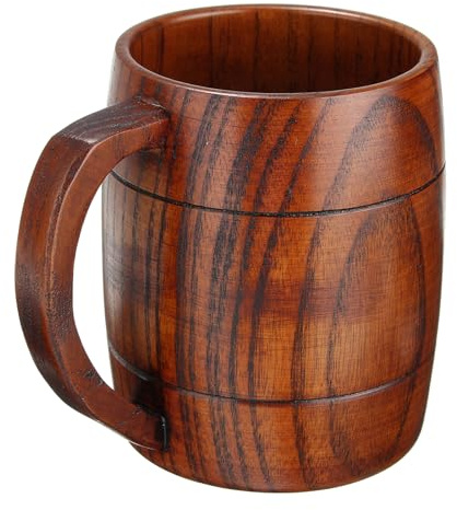 HEJIGOOD Boccale da birra rustico in legno con manico per succo di caffè 300 ml forma rotonda 10 x 7,8 cm