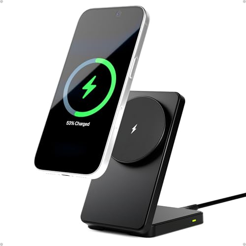 TEKRAT Folding Wireless Charger Stand for iPhone, Compatible with MagSafe | Up to 15W Qi Wireless Charging, iPhone up to 7.5W, Fold-Flat 21mm Stand, Anti-Slip Base, 1m USB-C, 2-Year Warranty, Black