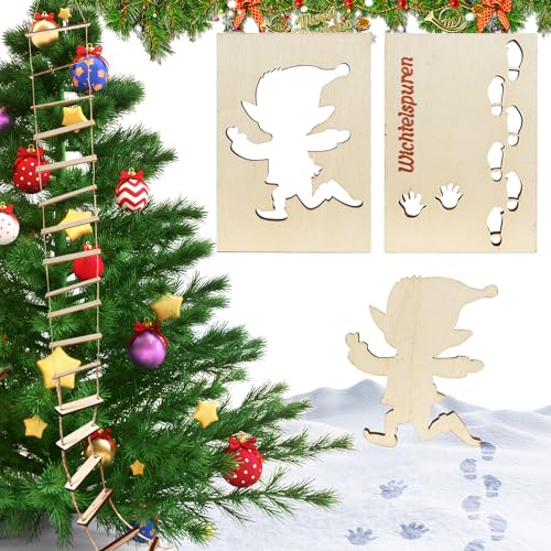 Wichtel Schablone Fußabdrücke mit Strickleiter für Wichtelstreich 4 Stück, Wichtel Zubehör für Weihnachten, Weihnachtsdekoration mit Elfenspuren, Holz Schablone Deko für Fenster, Böden und Glasdoor