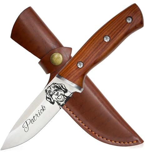 ADAM WILD Jagdmesser mit Gravur | Dackel & Teckel | Geschenke für Jäger | Mit Rauhaardackel & Wunschname per Lasergravur | rostfreier Edelstahl, Echtholzgriff & Lederscheide | personalisiert