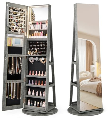 COSTWAY Schmuckschrank mit Ganzkörperspiegel, LED Spiegelschrank rahmenlos, Schmuck-Organizer 360° drehbar & abschließbar, Schmuckaufbewahrung (Grün)