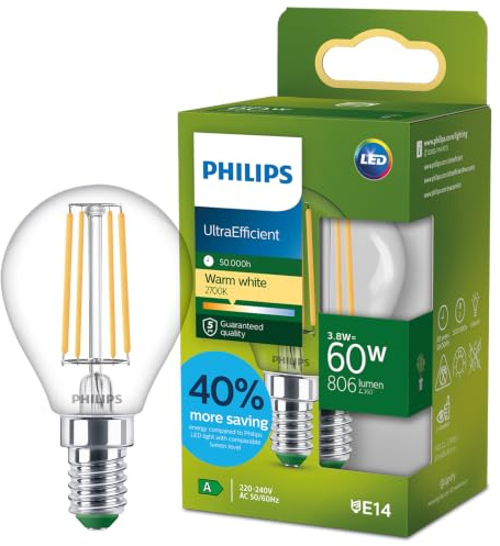 Lampadina LED Philips UltraEfficient Trasparente P45 a Filamento, Attacco E14 Piccolo Edison, Classe Energetica A, 806 lm, Equivalente 60W, Bianco Caldo (2700K), 50.000 ore, Pacco da 1
