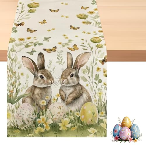 Ostertischdecke,140 × 40cm Mode Kaninchen Ostern Tischläufer,Blumen Ostereier,Frühling Tischläufer Heimdekoration Tischdecke Osterdecke,Frühlingdeko Tischdekoration für Ostern Party Urlaub Dekoration