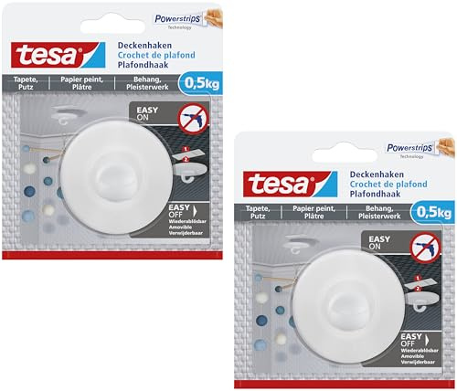 tesa Deckenhaken Tapeten und Putz - Selbstklebender Haken - Ideal Zur Befestigung Von Deko-Objekten - Spurlos Ablösbar, Weiß (Auf empfindlichen Oberflächen, 0,5 kg - 2 Haken)