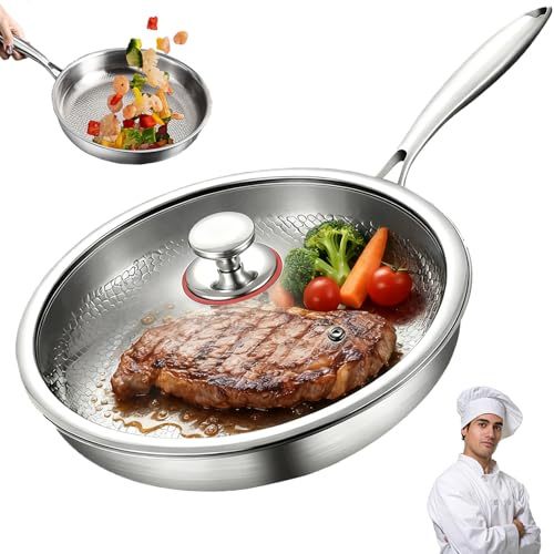 Padelle Titanio Puro, Titan Pfanne Unbeschichtet with Lid and Spatula, Padella in Titanio for Kitchen and Camping, Uncoated Frying Pan, Pro Hammered Non-Stick Pans for Any Hob (Con Coperchio, 30cm)
