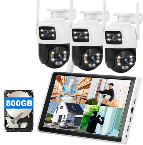 10.1 Inch LCD Wireless CCTV Security System, 8CH NVR with 500GB HDD, 3×Dual-Lens PTZ Cameras, AI Human Detection, 360° View, Two-Way Audio, IP66 Waterproof, 24/7 Recording for Home Outdoor
