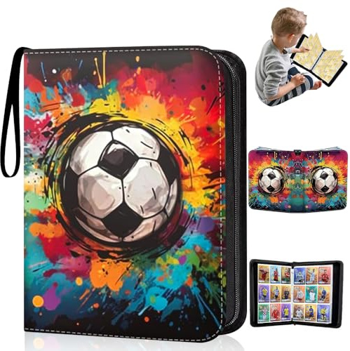 Abiemuce Fussball Karten Sammelalbum für bis zu 900 Karten Wasserdicht PU | 9 Fächer 50 Pcs Seite Tragbarer Sammelkarten Album mit Reißverschluss Sammelalbum Fußball Karten zum Sammeln und Tauschen