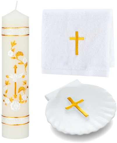 Lyrow Baptism Candle Set Complete Christening Gift Kit with Shell, Candle & Towel, White Gold Communion for Baptism, First Holy Communion, Catholic Sacraments(Vintage)