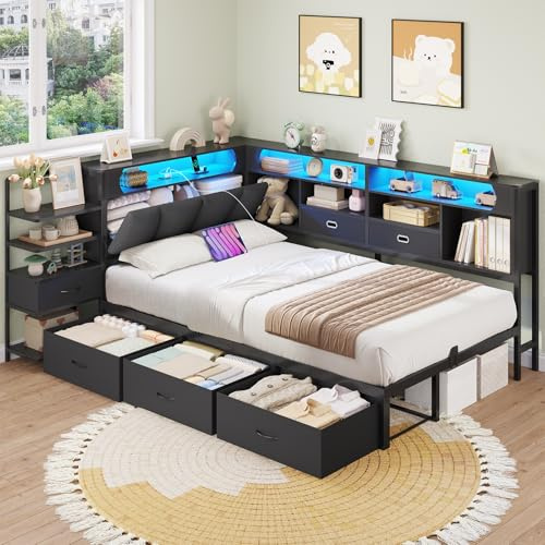 DICTAC Jugendbett 90x200 cm mit 6 Schubladen, LED-Beleuchtung & Lade-Station – Multifunktions-Schlafsofa inkl. integriertem Nachttisch und verstecktem Kopfteil-Stauraum (Schwarz)
