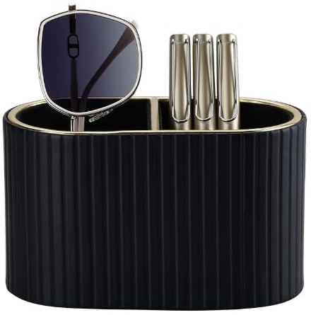 Wapasezyar Stifte Organizer, Ovaler Stiftehalter Schreibtisch Stiftebox Stifteköcher mit 2 Taschen, PU Leder Schreibtisch Organizer Stifte für Büro Schule Zuhause (Schwarz)