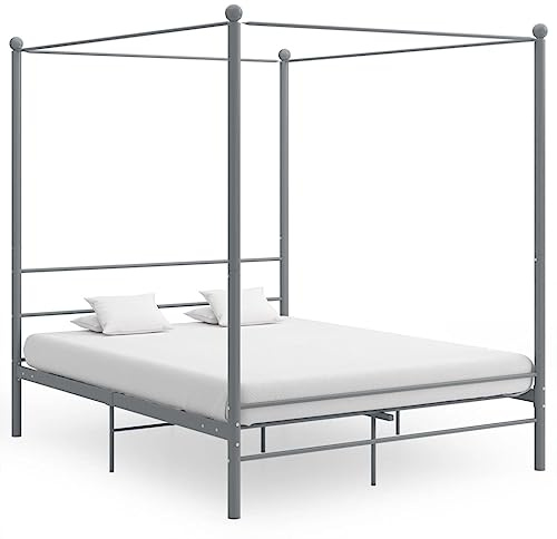 QUAHEAS Himmelssäng grå metall, 160 x 200 cm, robust sängram med sänggavel, pulverlackerad, för sovrum, elegant design