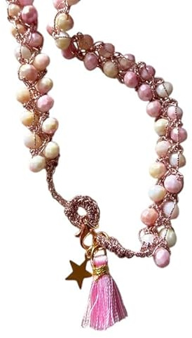 Sorelle Frappalà Collana girocollo artigianale fatta a mano, lavorata all'uncinetto con filato prezioso lurex e cristalli in vetro di ceramica sfumatura rosa, nappine e charm stellina - pezzo unico