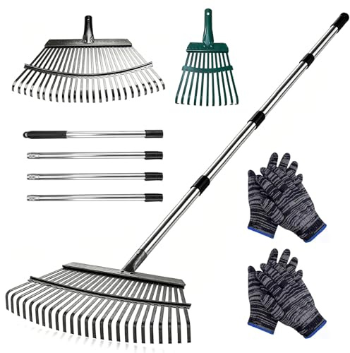 Rastrillo de jardín, rastrillo de hojas con mango de metal con 25 + 11 dientes, mango ajustable (70-185 cm), rastrillo de jardín, abanico de hojas para el jardín y para la labranza