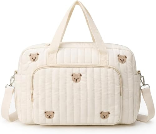 FARYODI Sac à langer pour nouveau-né, grand sac d'hôpital pour maman, en coton avec broderie d'ours, sac à bandoulière pour naissance, voyage, poussette et changement de couches, beige, 35 x 10 x 29