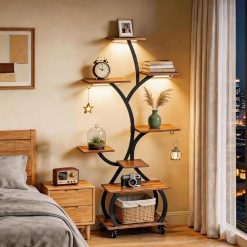 VINGLI Support Plantes en forme d’arbre mobile avec Lampe de Croissance À 8 Niveaux, etagere plante sur Roues, 127x68x30cm, noir + panneaux bois vieilli, 3 sorties LED, pour Salon Balcon