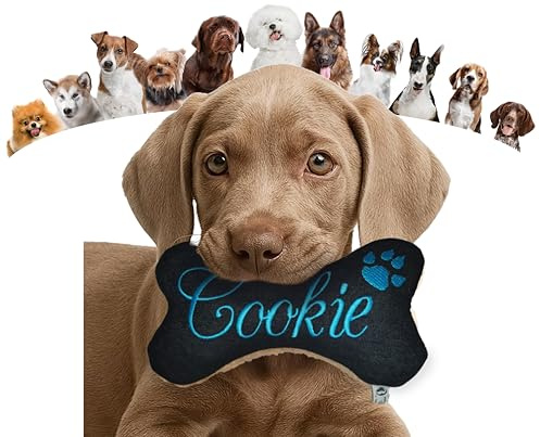 Personalisiertes Hundespielzeug Knochen – bestickter Jeans Hundeknochen mit Name – wählbar mit/ohne Quietscher oder Rassel – viele Farben – Größen XXS bis XXL – Geschenk für Hunde & Welpen